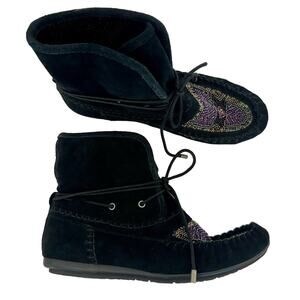 The Sak Helena Moccasin Black Suede Booties Embellished Beaded Boots 6.5